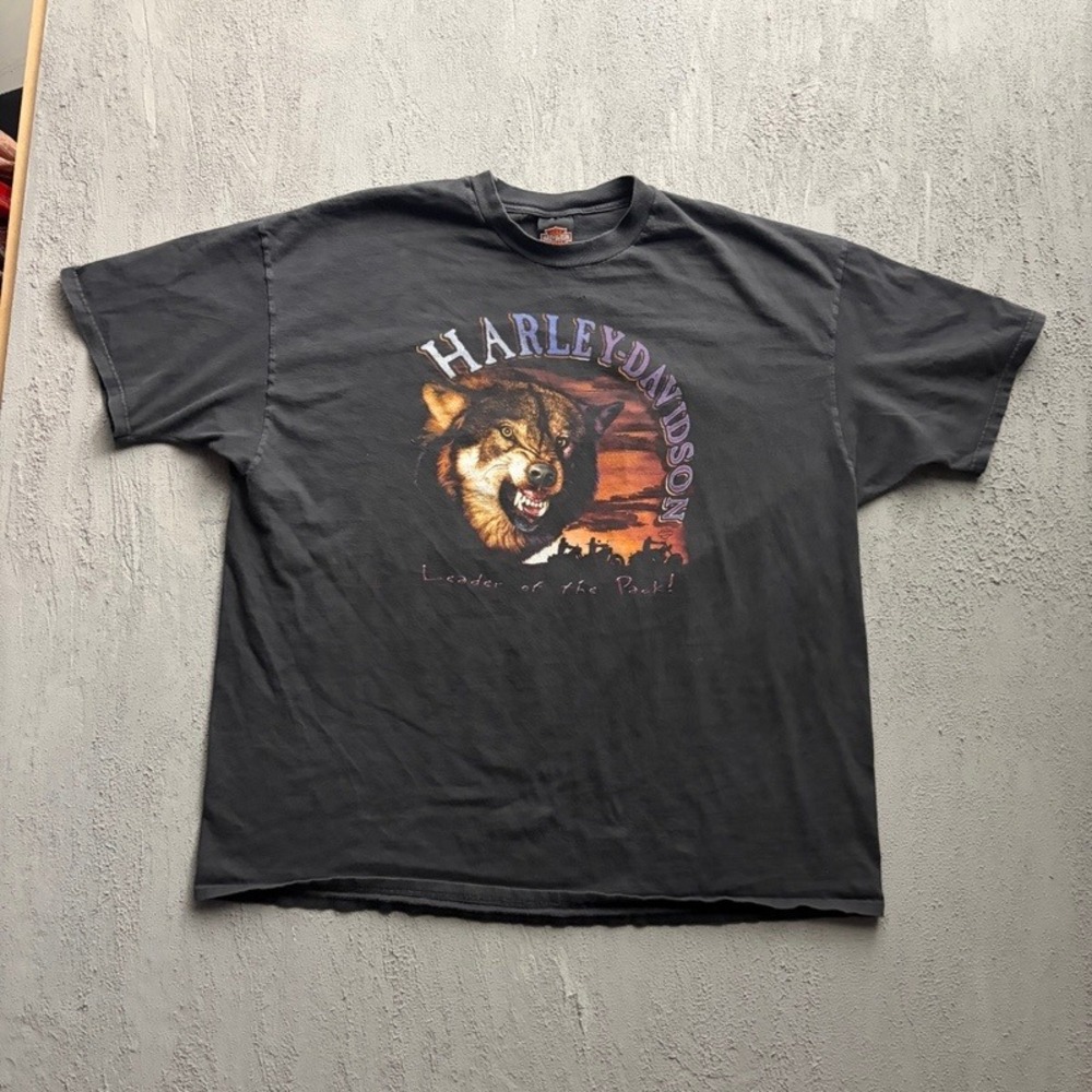 Vintage Harley Davidson Shirt 3XL Black 1990s Wolf Leader of the Pack Shawnee